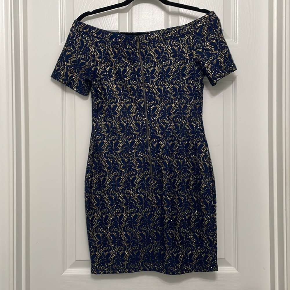 Lush, bodycon, metallic, navy and gold,‎ off the shoulder dress - Picture 4 of 5